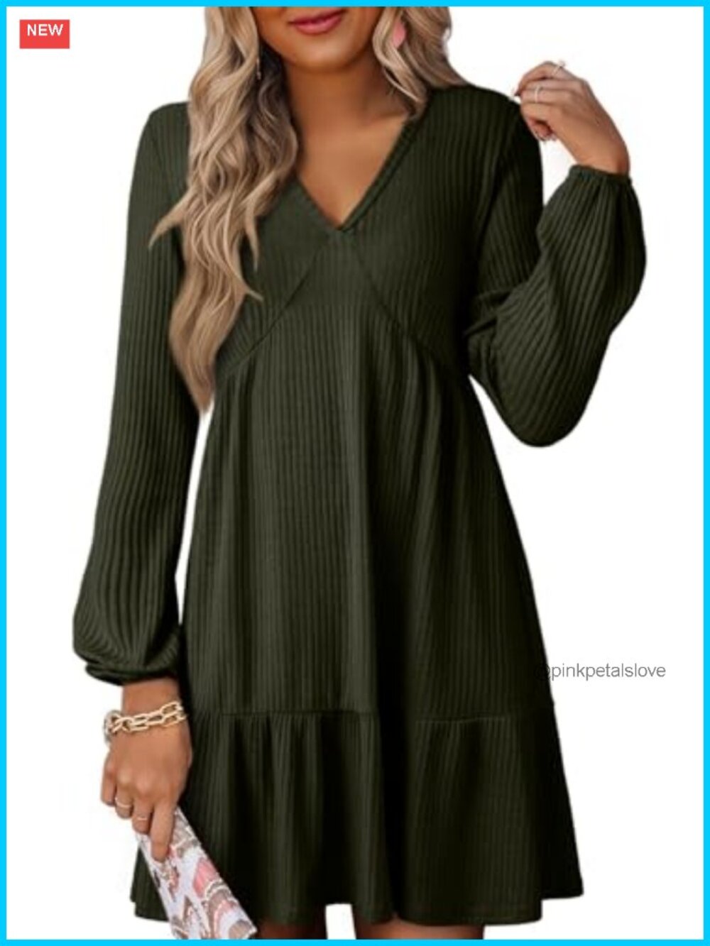 Women's Long Sleeve V Neck Ribbed Knit A Line Mini Dress